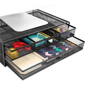 Computer Monitor Stand With Drawers, Metal Mesh Riser and Organizer for Laptops